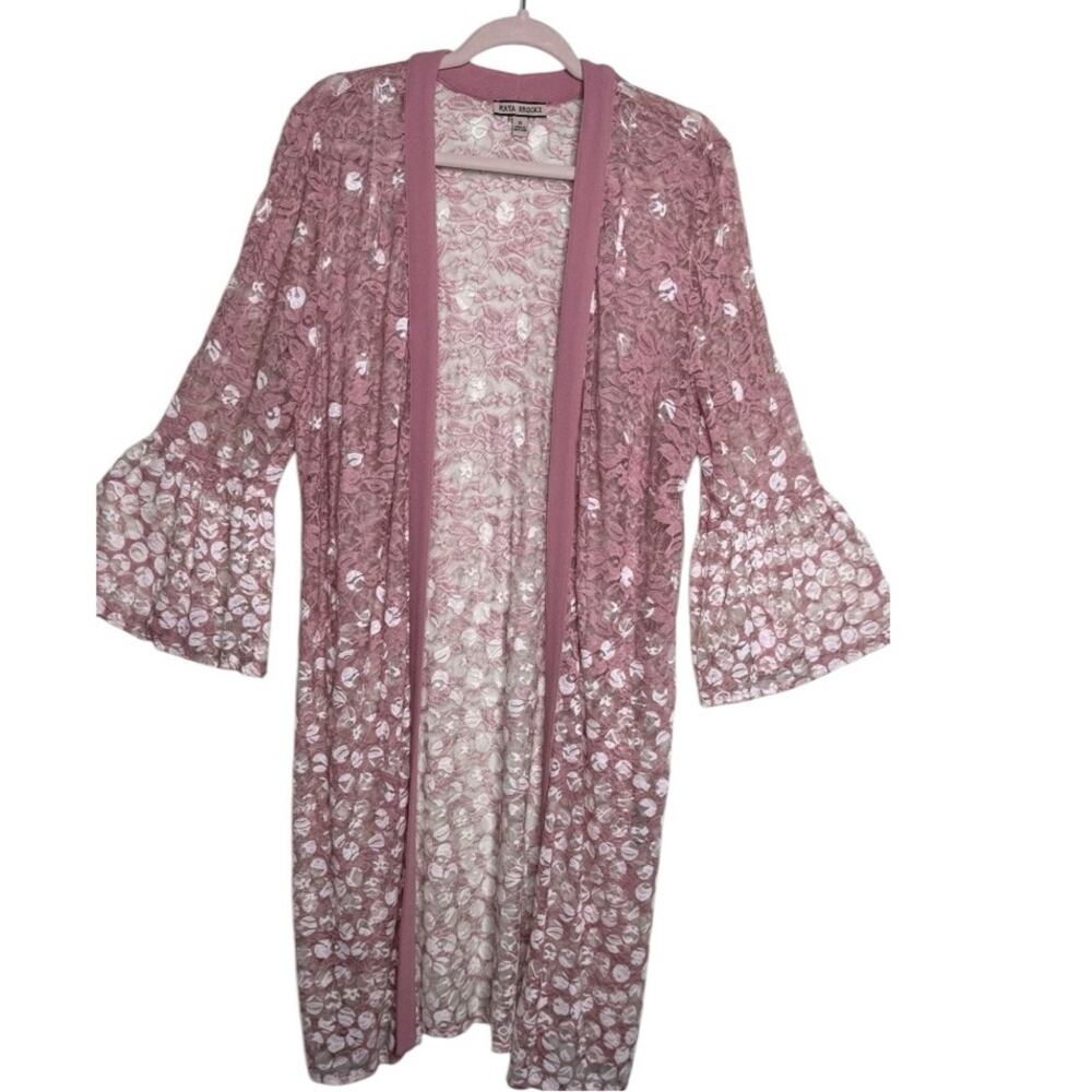Maya Brooke Dusty Pink Lace Kimono Duster Bell Sleeves Open Front Size 16